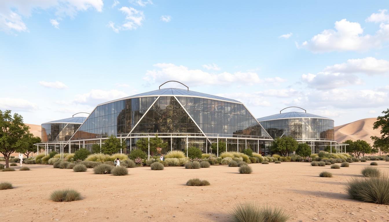 Prompt: Arid desert landscape, vast open space, futuristic greenhouse architecture, transparent glass surfaces, angular lines, minimalist design, advanced ventilation systems, evaporative cooling technologies, humidification control, misting systems, shading devices, reflective roofing materials, thermal mass construction, natural convection methods, wind-catching wall designs, passive solar heating, insulated glazing, automated climate control, real-time monitoring systems, data-driven optimization, energy-efficient solutions, sustainable agriculture practices, lush greenery, vibrant flowers, thriving crops.