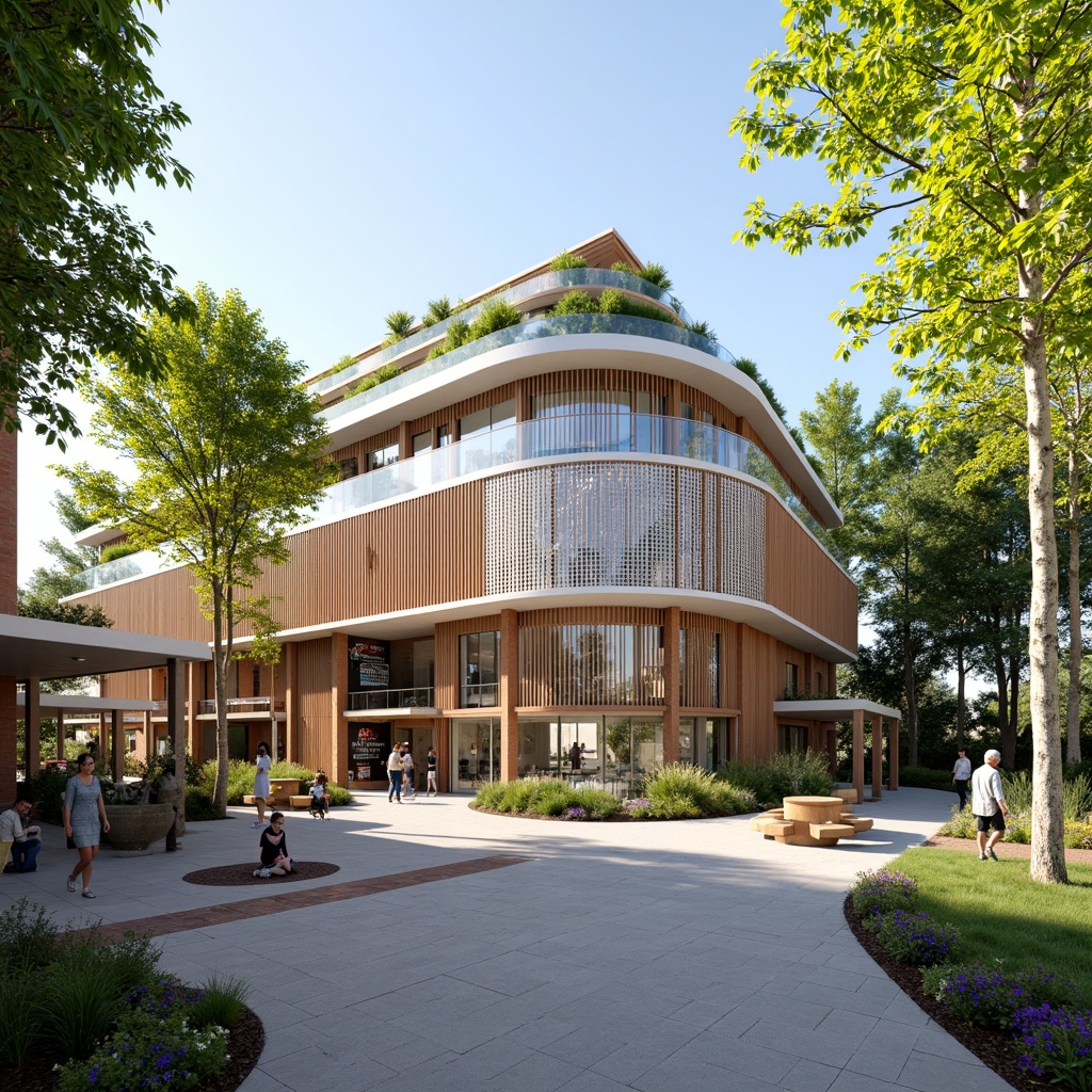 Prompt: Vibrant community health center, curved fa\u00e7ade, perforated metal panels, green walls, living roofs, solar panels, natural ventilation systems, clerestory windows, warm wooden accents, colorful murals, playful outdoor spaces, accessible ramps, inclusive design, calming color scheme, soft diffused lighting, shallow depth of field, 1/1 composition, realistic textures, ambient occlusion.