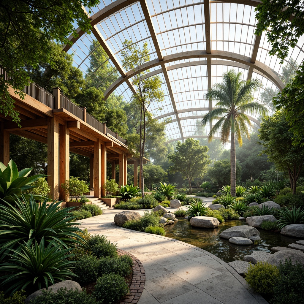 Prompt: \Vibrant greenhouse interior, lush tropical plants, natural stone flooring, wooden trellises, curved glass roof, misting system, warm soft lighting, shallow depth of field, 1/1 composition, panoramic view, realistic textures, ambient occlusion, serene outdoor space, meandering pathways, ornamental ponds, water features, surrounding forest landscape, native flora, fauna habitats, sustainable materials, eco-friendly architecture, organic shapes, futuristic design elements.\