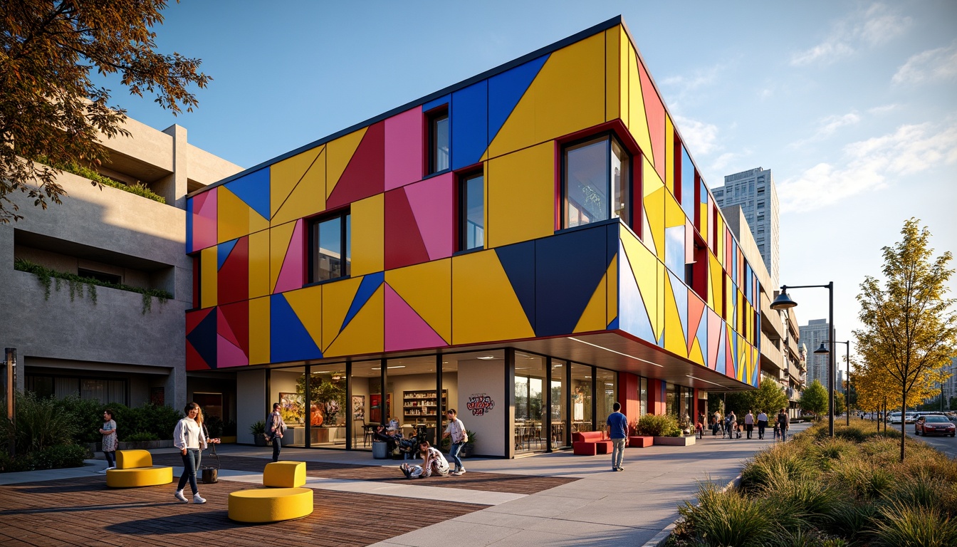 Prompt: Vibrant youth center, playful facade, bold colorblocking, irregular shapes, fragmented forms, dynamic LED lights, graffiti-inspired murals, street art aesthetics, eclectic mix of materials, exposed ductwork, industrial chic, reclaimed wood accents, urban landscape, cityscape views, sunny afternoon, warm golden lighting, shallow depth of field, 1/2 composition, wide-angle lens, realistic textures, ambient occlusion.