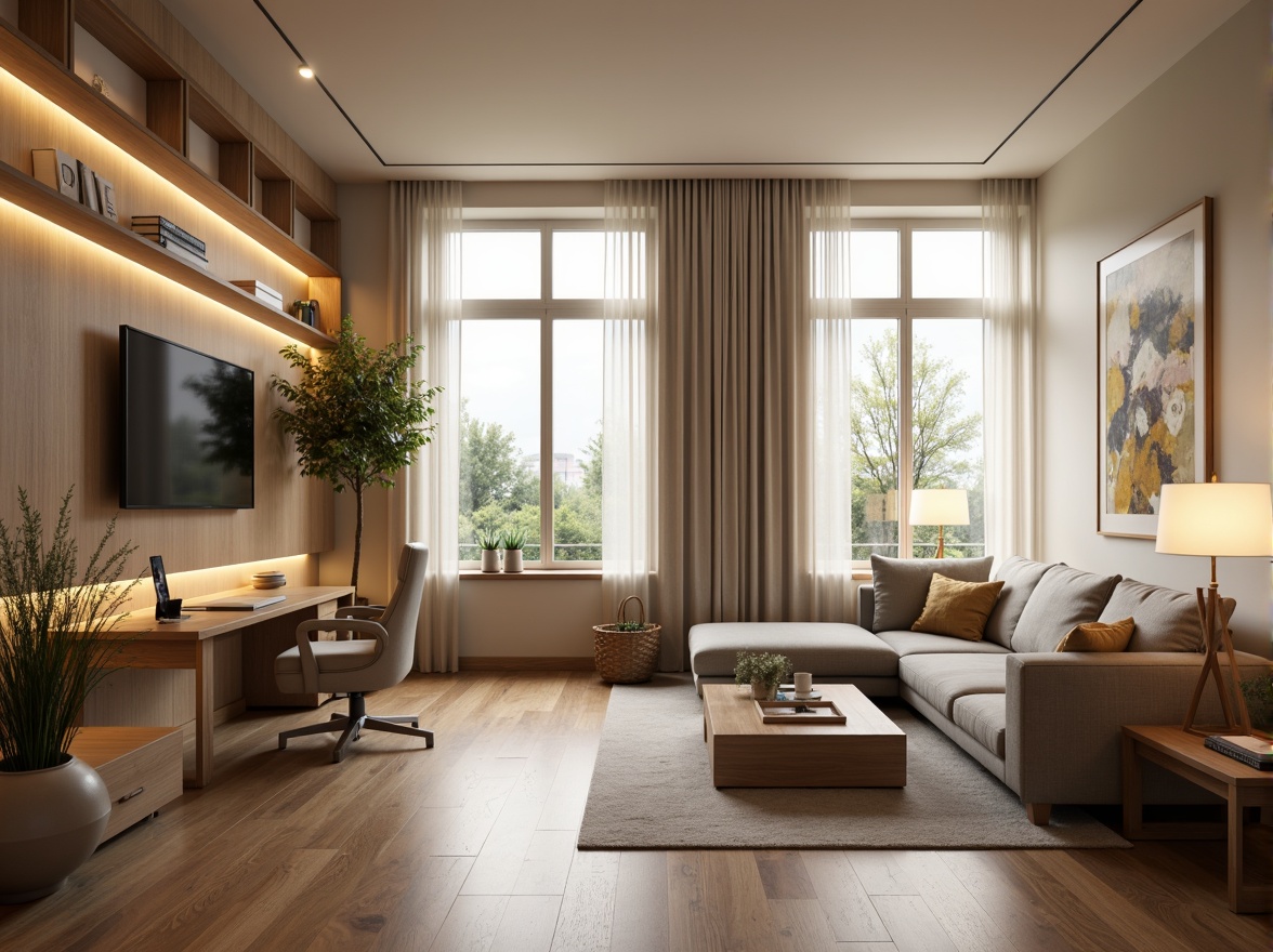 Prompt: Cozy living room, minimalist furniture, soft beige walls, polished wood flooring, comfortable sectional sofa, warm ambient lighting, floor-to-ceiling windows, natural textiles, functional storage units, ergonomic desk, adjustable chair, task-oriented lamps, intuitive navigation, flexible layout, 1/1 composition, shallow depth of field, realistic textures.