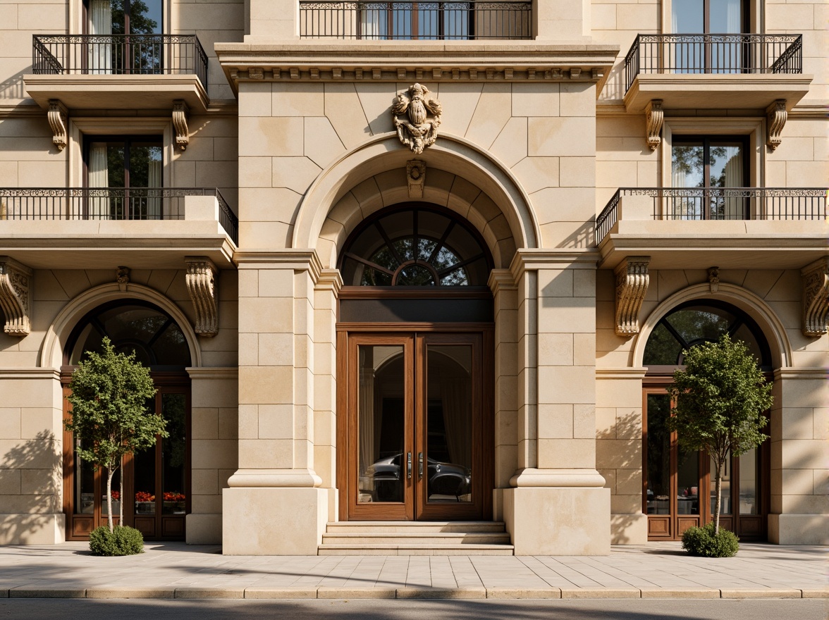 Prompt: Grandiose building facade, ornate columns, intricately carved stonework, classical arches, symmetrical composition, elegant balconies, decorative cornices, rusticated base, smooth ashlar walls, grand entranceways, polished bronze doors, ornamental pediments, subtle molding details, warm beige stone tone, soft afternoon sunlight, shallow depth of field, 2/3 composition, realistic textures, ambient occlusion.