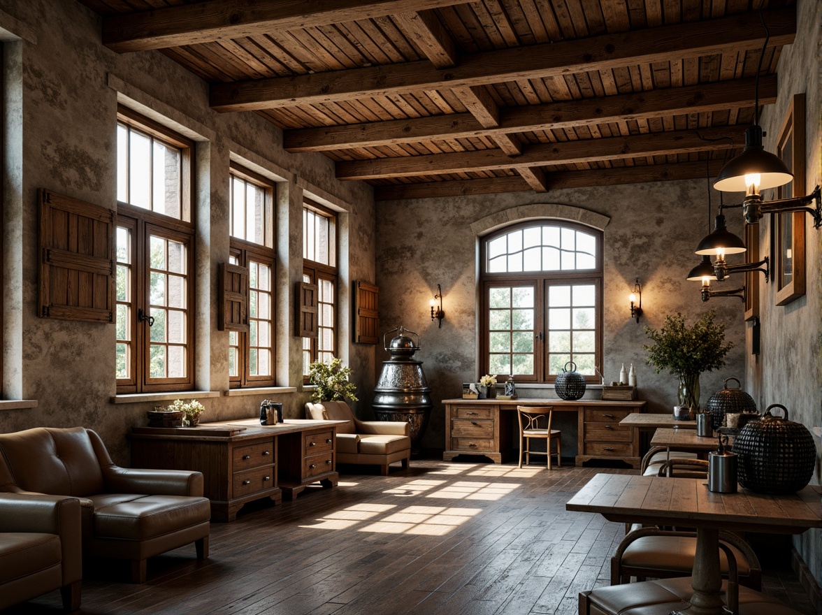 Prompt: Rustic wooden beams, distressed stone walls, ornate metalwork, classic columns, arched windows, wooden shutters, vintage machinery, industrial lighting fixtures, earthy color palette, natural textures, worn leather accents, reclaimed wood floors, exposed brick ceilings, traditional craftsmanship, nostalgic atmosphere, soft warm lighting, shallow depth of field, 1/1 composition, realistic renderings, ambient occlusion.