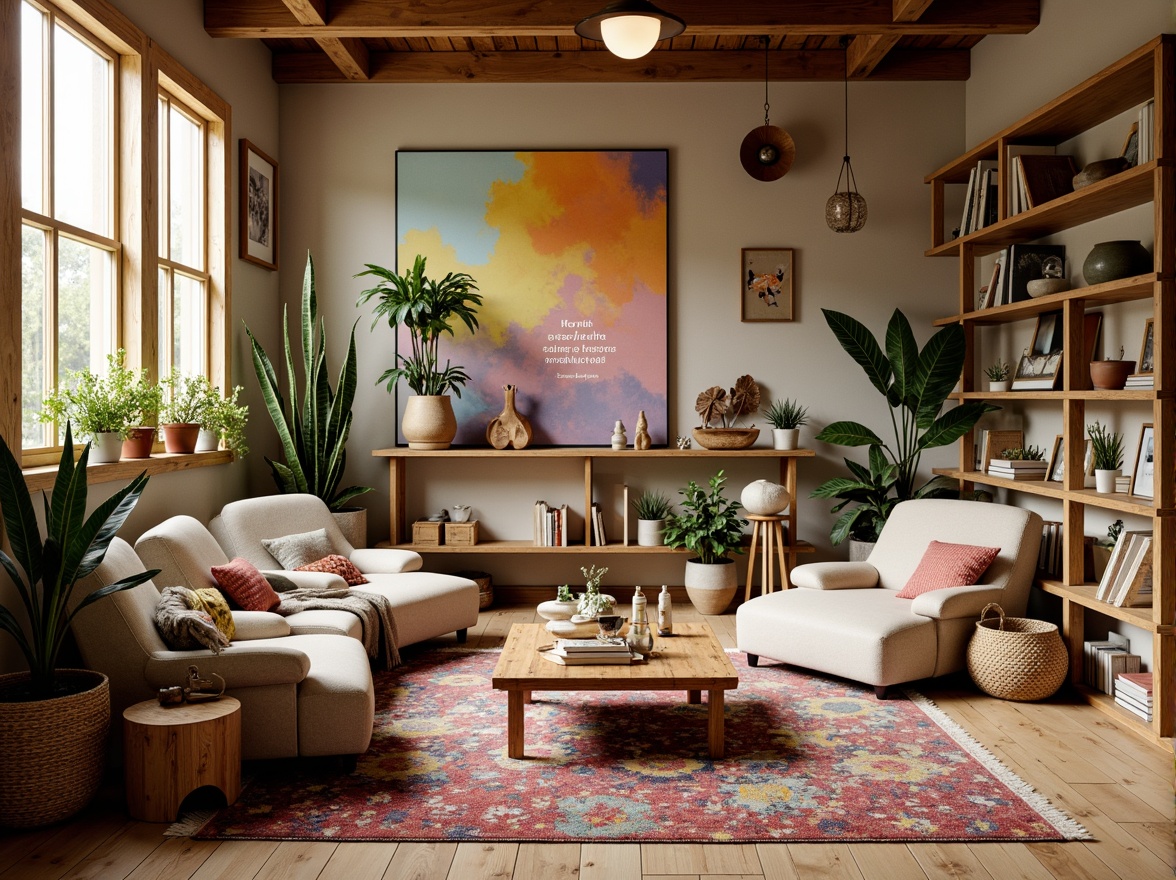 Prompt: Vibrant artistic studio, natural wood accents, earthy color tones, calming atmosphere, soft warm lighting, creative freedom, inspirational quotes, artistic expressions, eclectic furniture, colorful rugs, woven baskets, plants, minimalist decor, pastel hues, gentle contrasts, soothing ambiance, 1/1 composition, intimate setting, relaxed mood, subtle texture overlays.