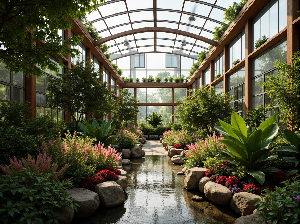 Prompt: Tropical greenhouse interior, lush vegetation, exotic flowers, natural stone pathways, wooden trellises, curved glass roofs, modern minimalist architecture, sleek metal frames, automatic irrigation systems, misting systems, warm soft lighting, shallow depth of field, 1/1 composition, panoramic view, realistic textures, ambient occlusion, serene atmosphere, vibrant greenery, natural light filtering, organic shapes, earthy tones, water features, small ponds, bamboo accents, nature-inspired patterns.