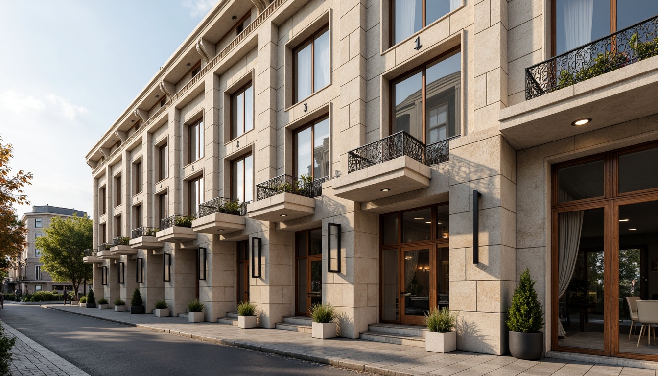 Prompt: Elegant hotel facade, academic architectural style, rusticated stone walls, ornate cornices, grand entranceways, columned porticos, symmetrical composition, neutral color palette, cream-colored stucco, bronze metal accents, large windows, Juliet balconies, French doors, soft warm lighting, shallow depth of field, 3/4 composition, panoramic view, realistic textures, ambient occlusion, urban cityscape, pedestrian sidewalks, landscaped gardens, ornate street lamps.