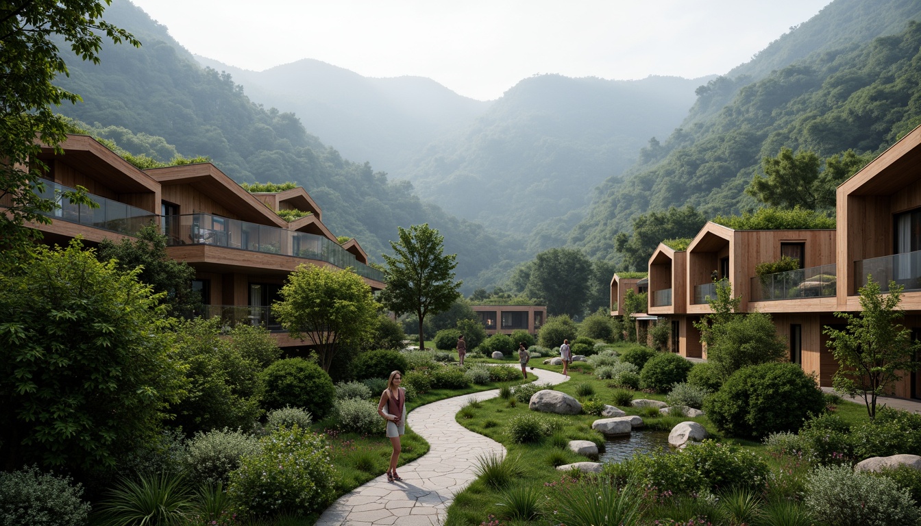 Prompt: Serene mountainous backdrop, lush forestation, winding stone pathways, modern eco-lodge architecture, green roofs, cantilevered decks, floor-to-ceiling windows, natural ventilation systems, recycled wood accents, earthy tone color palette, misty morning atmosphere, soft warm lighting, shallow depth of field, 3/4 composition, panoramic view, realistic textures, ambient occlusion.