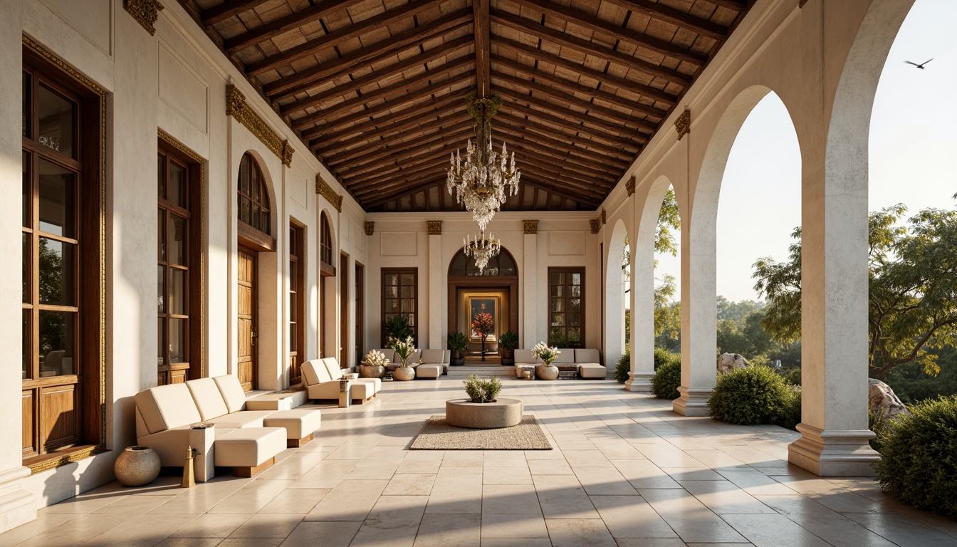 Prompt: Elegant pavilion, neoclassical architecture, white marble columns, ornate moldings, gilded details, rustic wooden beams, natural stone flooring, rich velvet drapes, crystal chandeliers, lavish furnishings, symmetrical composition, warm golden lighting, soft focus, shallow depth of field, 1/1 aspect ratio, harmonious color palette, subtle texture blending.