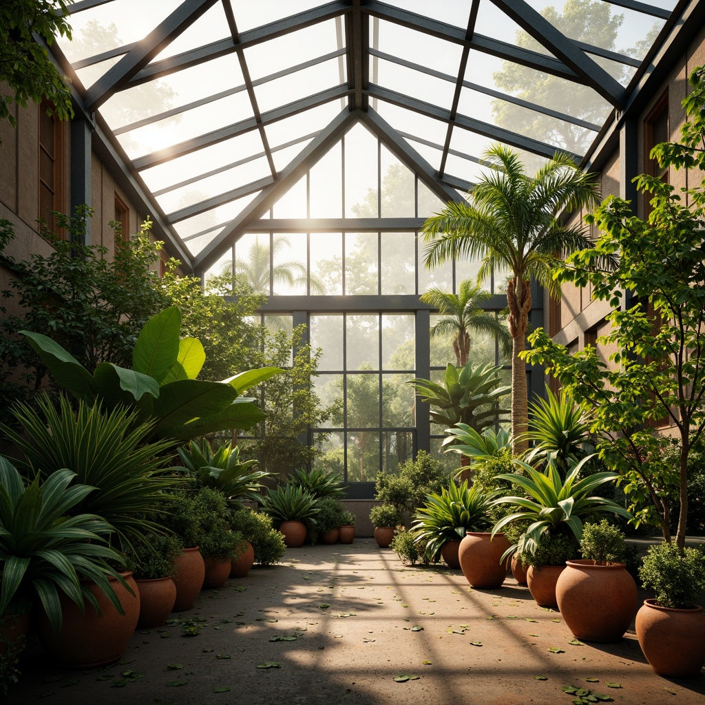 Prompt: Vibrant botanical greenhouse, lush tropical plants, warm natural light, earthy terracotta pots, misty atmosphere, humid climate, glass roof, steel frame structure, minimal modern architecture, calming color palette, soothing green hues, vibrant yellow accents, natural wood textures, rough stone walls, soft diffused lighting, 1/1 composition, intimate focal point, realistic plant renderings, subtle ambient occlusion.