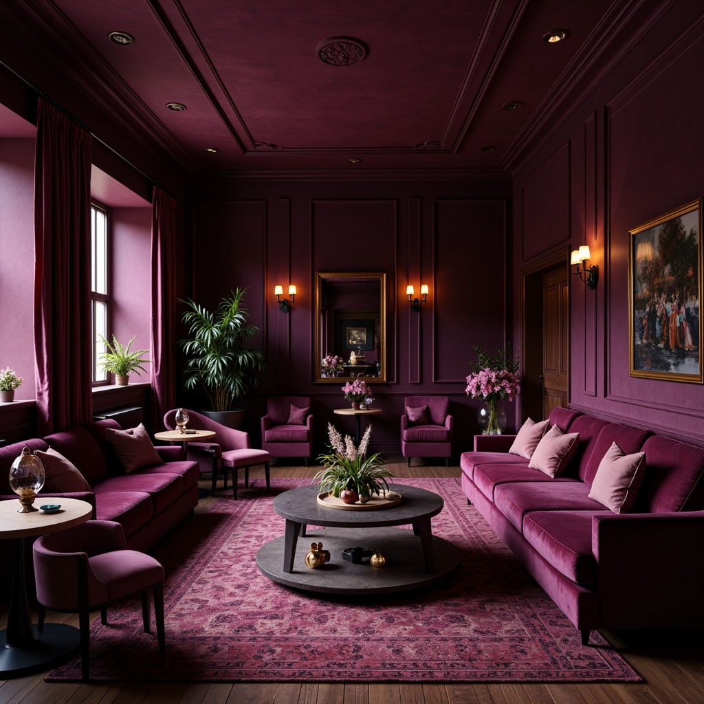 Prompt: Rich plum hues, luxurious velvet textures, ornate golden accents, soft warm lighting, intimate ambiance, cozy seating areas, dark wood furniture, elegant curved lines, sophisticated interior design, lavish decorations, subtle purple undertones, deep berry tones, dramatic shadows, 1/1 composition, realistic renderings, ambient occlusion.