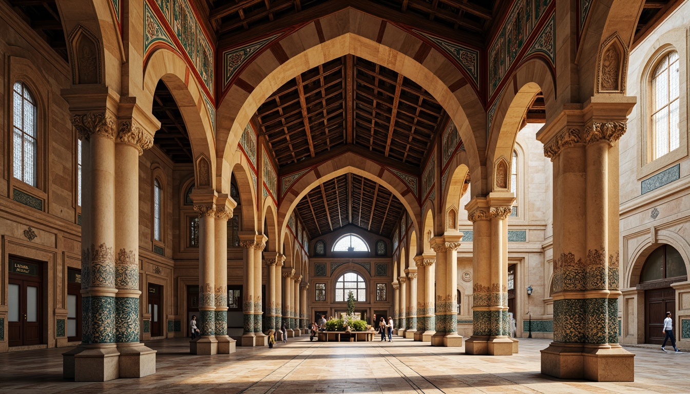 Prompt: Majestic arches, ornate columns, intricate carvings, vibrant tile work, rustic stone walls, wooden beam ceilings, curved domes, grand entrances, regional patterns, folk-inspired motifs, earthy color palette, warm ambient lighting, soft shadows, 1/2 composition, symmetrical framing, realistic textures, atmospheric rendering.