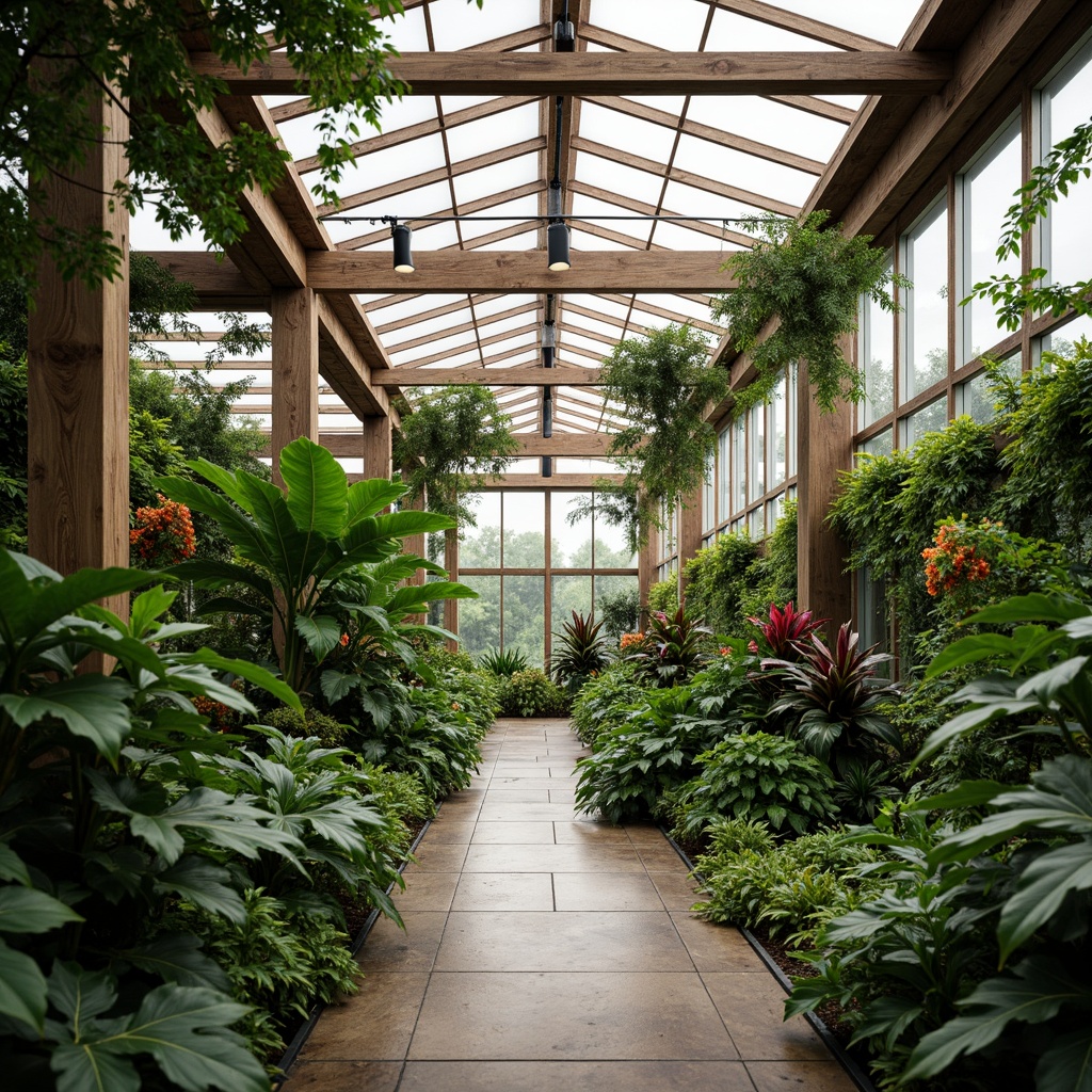 Prompt: Tropical greenhouse interior, lush vegetation, exotic plants, wooden trellis, steel framework, glass roof, clerestory windows, natural ventilation, misting system, irrigation pipes, hydroponic systems, sustainable materials, recycled wood accents, organic textures, earthy color palette, soft diffused lighting, shallow depth of field, 1/1 composition, symmetrical framing, vibrant floral patterns, botanical illustrations.