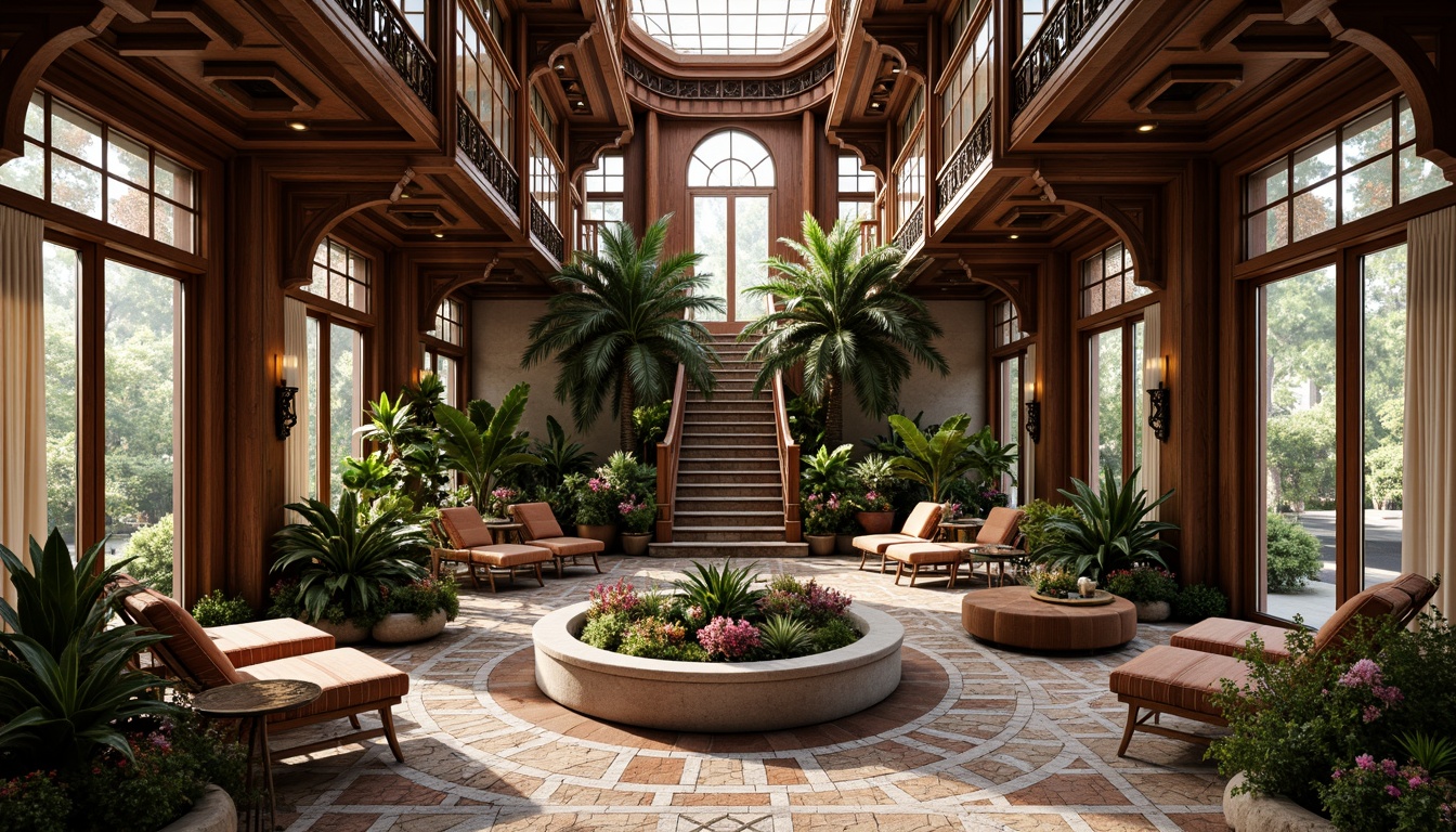 Prompt: Intricate ornate decorations, flowing organic lines, sinuous curves, luxurious materials, polished wood accents, stained glass windows, mosaic tile floors, grand staircases, ornamental metalwork, lush greenery, tropical plants, vibrant flowers, soft warm lighting, shallow depth of field, 3/4 composition, panoramic view, realistic textures, ambient occlusion, elegant furnishings, velvet fabrics, bronze fixtures, sculptural elements, asymmetrical balance, dynamic spatial flow.