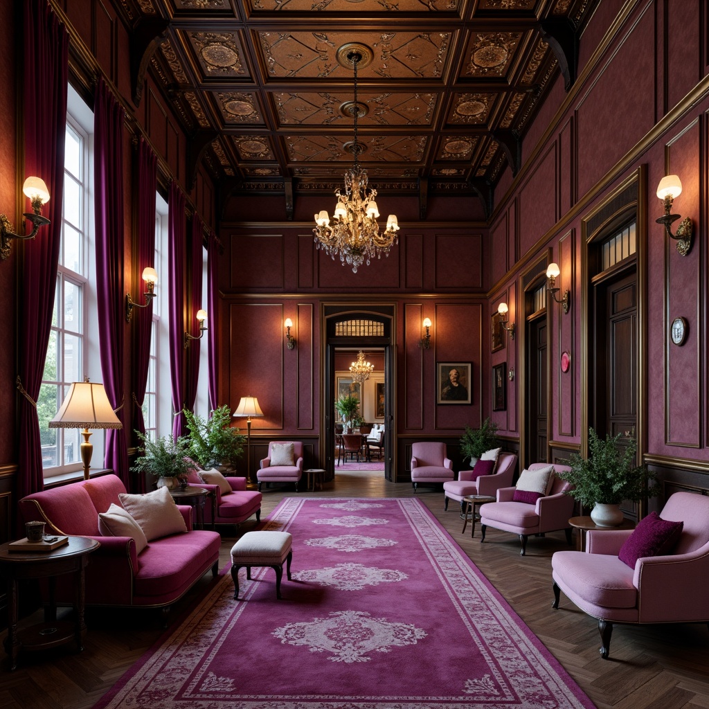 Prompt: Rich plum hues, luxurious velvet textures, warm golden lighting, elegant Victorian-era inspired architecture, ornate furnishings, intricate carvings, lavish drapes, regal purple accents, soft creamy whites, subtle sheen fabrics, mysterious dark wood tones, antique bronze hardware, vintage-inspired decorative accessories, dramatic high ceilings, grand chandeliers, romantic candlelit ambiance.