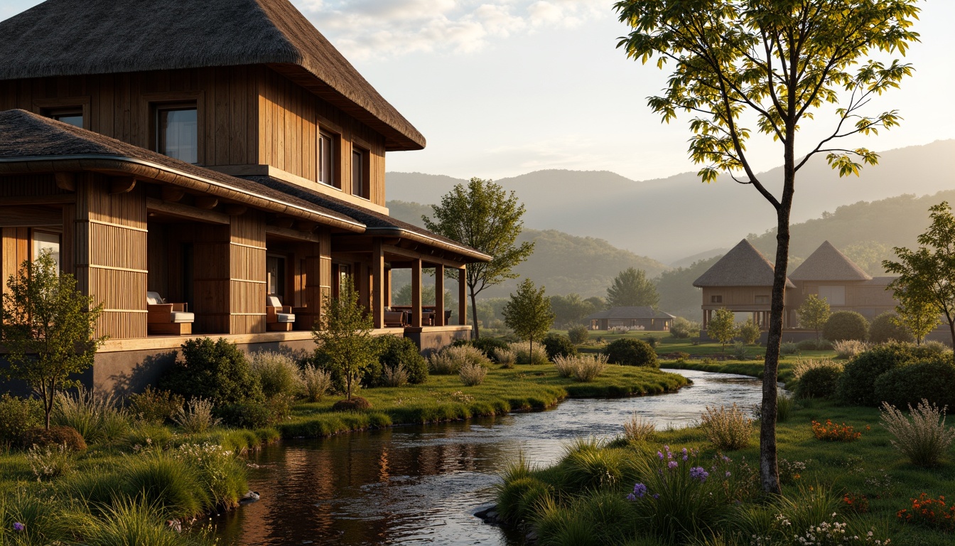 Prompt: Rustic rural landscape, rolling hills, wooden farmhouse, traditional thatched roof, natural stone walls, earthy brown color palette, reclaimed wood accents, woven bamboo textures, organic shapes, curved lines, whimsical ornaments, lush greenery, wildflowers, meandering streams, misty morning light, soft warm glow, shallow depth of field, 1/1 composition, realistic rendering, ambient occlusion.