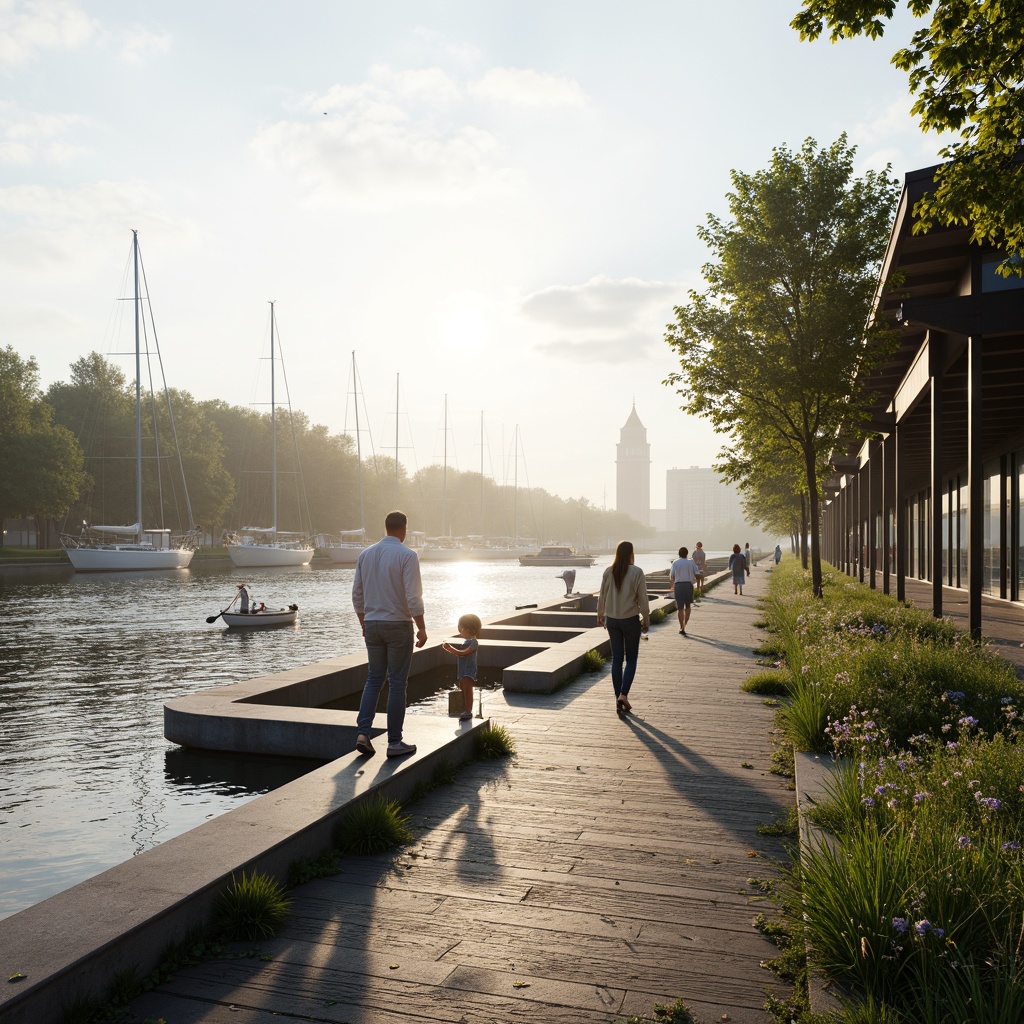 Prompt: Riverbank promenade, gentle water flow, lush green vegetation, natural stone walls, wooden docks, sailboats, seagulls, serene atmosphere, misty morning, soft warm lighting, shallow depth of field, 3/4 composition, panoramic view, realistic textures, ambient occlusion, modern riverbank architecture, curved lines, glass railings, steel beams, eco-friendly materials, innovative drainage systems, outdoor seating areas, walking paths, bicycle lanes.