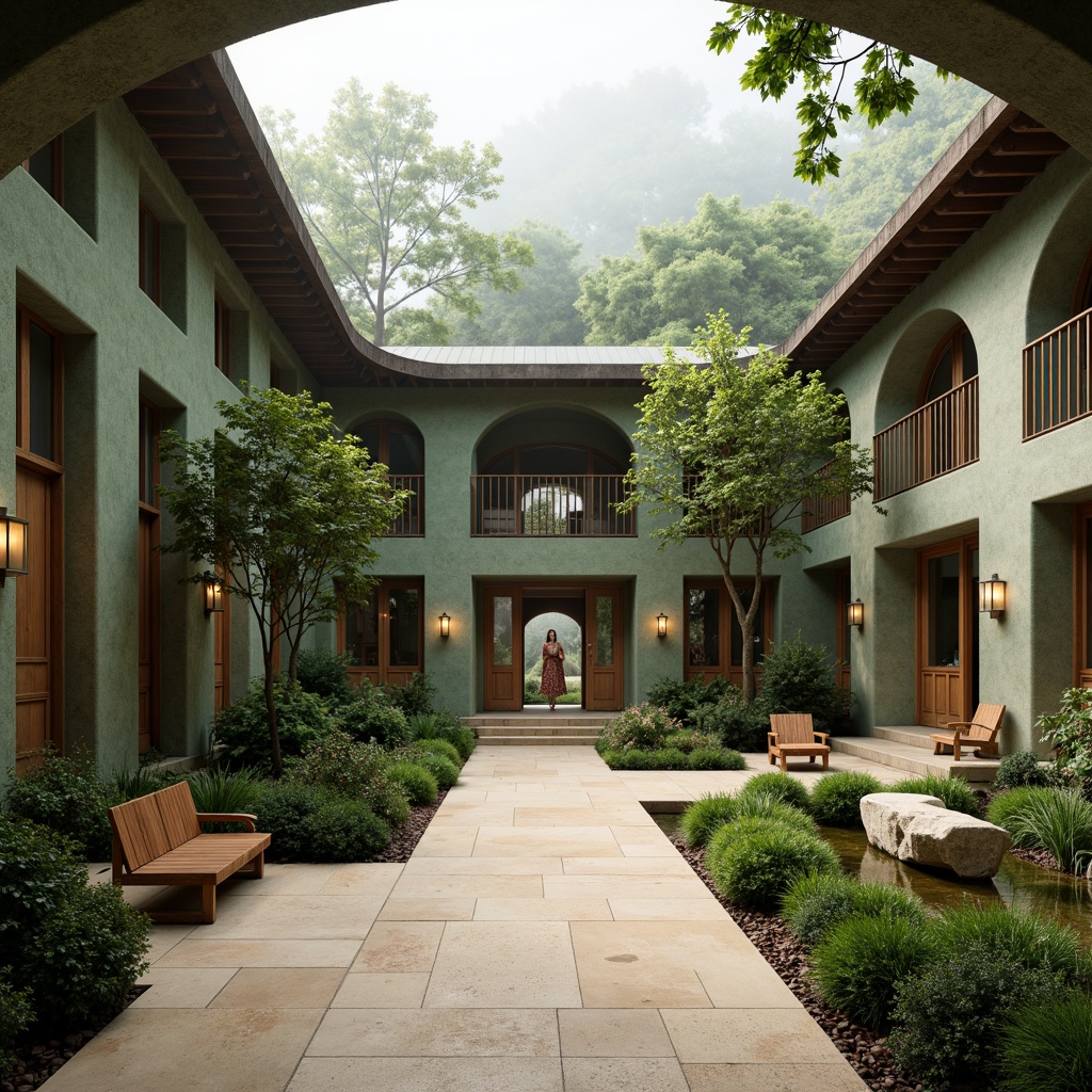 Prompt: \Tranquil monastery courtyard, lush green walls, organic stone structures, natural wood accents, curved lines, earthy tone color palette, abundant foliage, serene water features, soft diffused lighting, warm beige stone flooring, rustic wooden benches, lantern-inspired light fixtures, minimalist decor, spiritual ambiance, peaceful atmosphere, misty morning fog, shallow depth of field, 2/3 composition, panoramic view, realistic textures, ambient occlusion.\