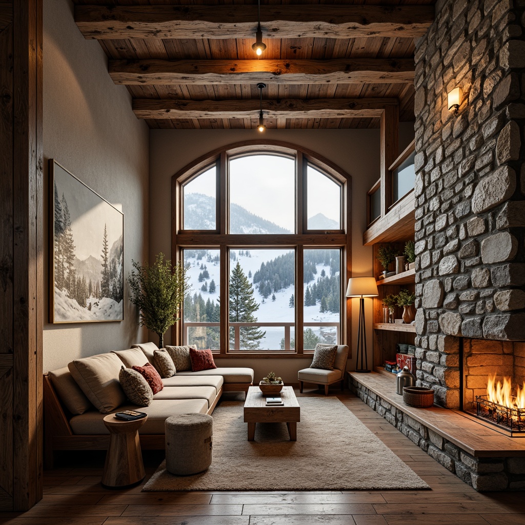 Prompt: Rustic ski lodge, wooden accents, stone walls, earthy tones, natural fabrics, woven textiles, wooden beams, cozy fireplaces, snowy mountainous surroundings, evergreen trees, frozen lakes, misty mornings, warm soft lighting, shallow depth of field, 1/1 composition, realistic wood textures, ambient occlusion, frosted glass windows, reclaimed wood furnishings, ski equipment displays, nature-inspired color palette.