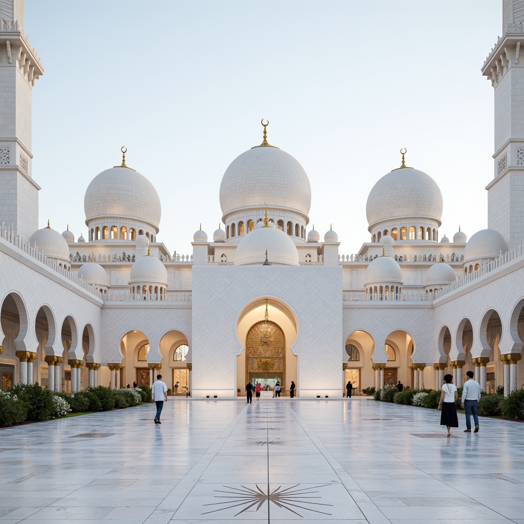 Prompt: Minarets, grand entrance, intricately patterned domes, ornate archways, gleaming white marble, subtle geometrical motifs, minimalist ornamentation, clean lines, rectangular forms, functional simplicity, abundant natural light, vast open spaces, elegant proportions, subtle color palette, serene ambiance, peaceful atmosphere, subtle spiritual undertones, soft warm lighting, shallow depth of field, 3/4 composition, realistic textures, ambient occlusion.