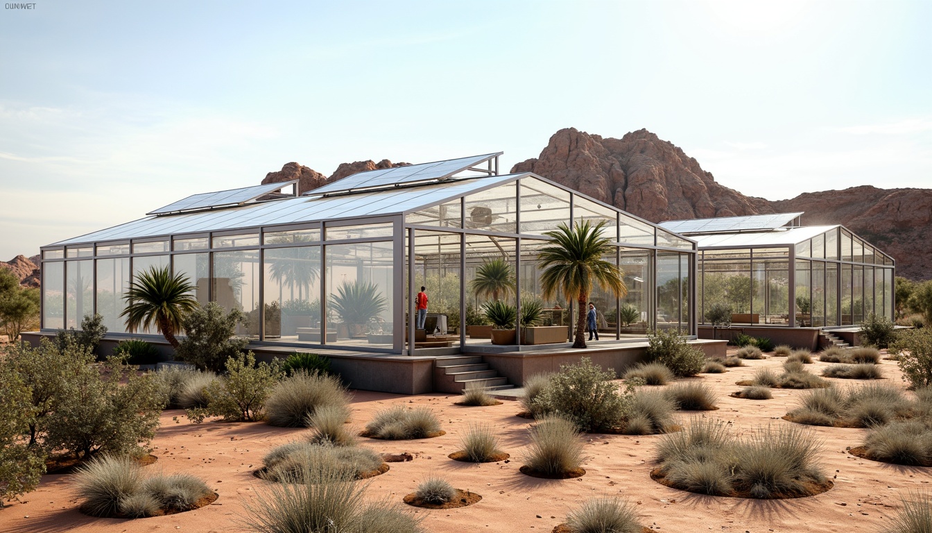 Prompt: Arid desert landscape, futuristic greenhouse design, sleek metal framework, transparent polycarbonate panels, automated vent systems, evaporative cooling technology, misting irrigation systems, climate-controlled environment, optimized air circulation, solar-powered ventilation, natural convection systems, thermal mass materials, high-reflectivity roof coatings, shading devices, water-efficient hydroponics, desert-resistant plant species, ambient temperature regulation, humidity control mechanisms, 3/4 composition, soft diffused lighting, realistic textures, ambient occlusion.