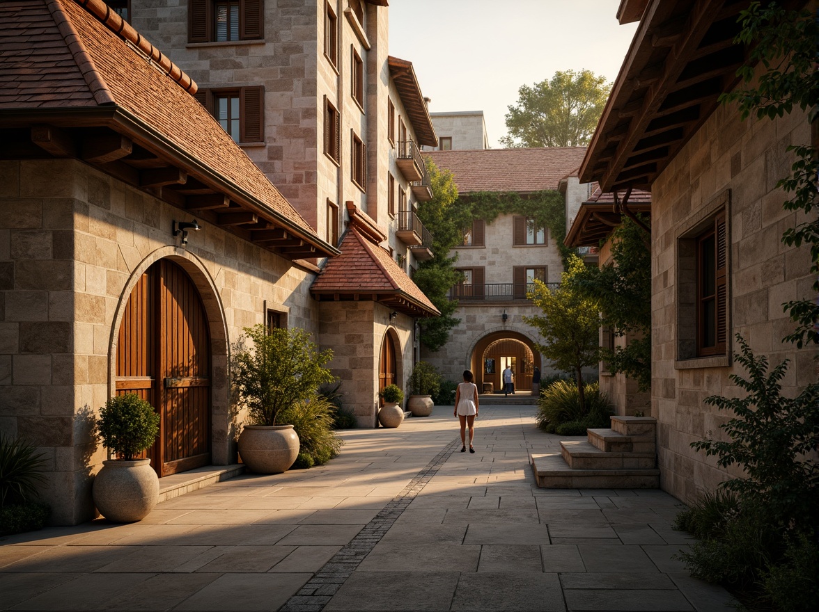 Prompt: Rustic stone buildings, curved arches, ornate carvings, grandiose entranceways, sloping roof lines, terracotta tiles, weathered stonework, ivy-covered walls, ancient ruins, mystical ambiance, warm golden lighting, soft focus, 1/1 composition, atmospheric perspective, realistic textures, subtle depth of field.Please let me know if this meets your expectations!