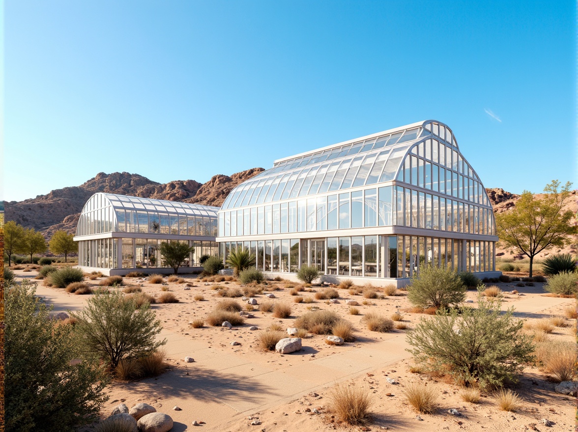 Prompt: Desert greenhouse, arid climate, hot sunny day, clear blue sky, vast open space, modern futuristic architecture, sleek metal framework, transparent polycarbonate panels, automatic ventilation systems, evaporative cooling technology, misting systems, shading devices, solar screens, reflective coatings, insulated walls, humidification control, climate-controlled environment, optimized air circulation, natural convection, air exchange rates, CO2 management, temperature regulation, humidity control, fogging systems, irrigation networks, desert flora, succulent plants, cactus species.