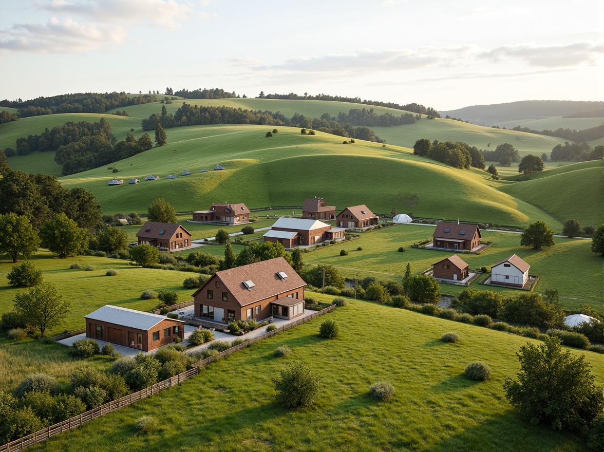 Prompt: Rustic rural landscape, rolling hills, verdant pastures, traditional farmhouses, wooden fences, green roofs, solar panels, wind turbines, eco-friendly materials, sustainable energy solutions, natural ventilation systems, earthy color palette, organic forms, curved lines, blending with surroundings, seamless integration, panoramic views, soft warm lighting, shallow depth of field, 3/4 composition, realistic textures, ambient occlusion.