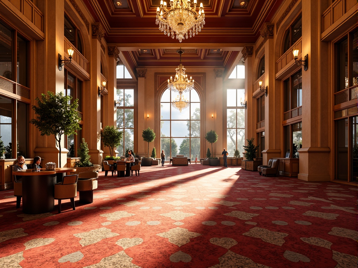 Prompt: Grand casino entrance, ornate facades, lavish decorations, warm golden lighting, crystal chandeliers, plush carpets, intricate moldings, high ceilings, natural stone walls, rustic wooden accents, vibrant red and gold color scheme, regionalist architectural style, large windows, soft diffused daylight, warm afternoon sunbeams, 1/2 composition, shallow depth of field, realistic textures, ambient occlusion.