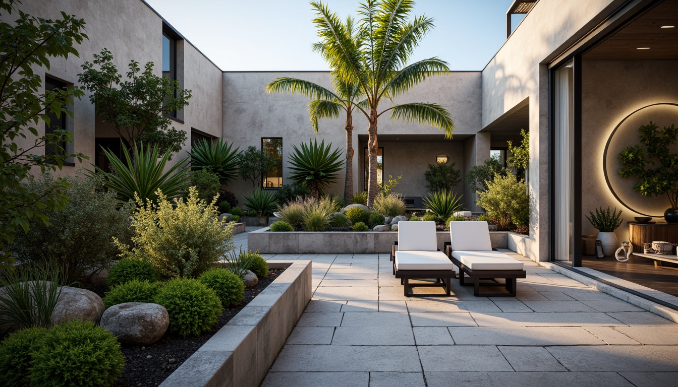 Prompt: Minimalist courtyard, sleek metal planters, lush greenery, vibrant succulents, modern outdoor furniture, geometric patterns, concrete pavers, natural stone walls, ambient lighting, warm glow, shallow depth of field, 3/4 composition, panoramic view, realistic textures, eco-friendly materials, innovative irrigation systems, desert-inspired cacti, tropical plants, abstract sculptures, statement art pieces, angular lines, futuristic ambiance.