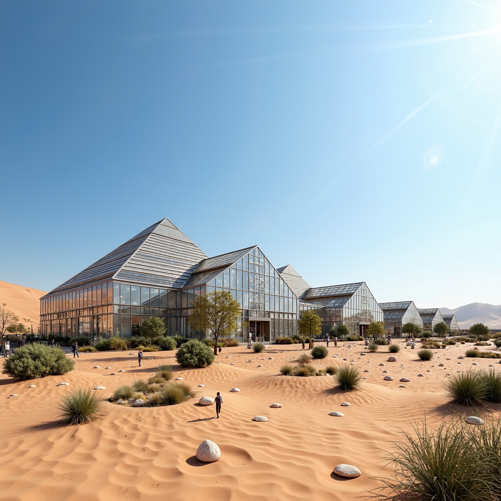 Prompt: Arid desert landscape, sandy dunes, cactus plants, hot sunny day, clear blue sky, vast open space, modern futuristic greenhouse architecture, sleek metal frames, reflective glass surfaces, angular lines, minimalist design, sustainable energy solutions, solar panels, wind turbines, water conservation systems, green roofs, eco-friendly materials, innovative cooling technologies, shaded outdoor spaces, misting systems, Arabic-inspired patterns, vibrant colorful textiles, intricate geometric motifs, efficient ventilation systems, evaporative cooling, shading devices, fogging systems, humidification, dehumidification, air circulation fans, exhaust vents, climate control, temperature regulation, humidity management, air purification, natural convection, heat recovery, insulation materials, weatherstripping, sealing systems, desert-resistant materials.