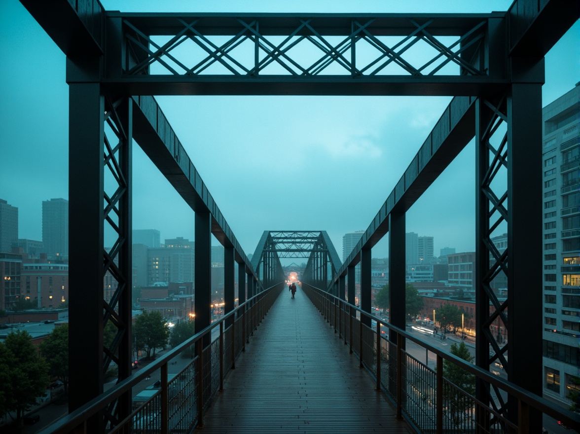 Prompt: Mysterious bridge, dark cyan steel beams, industrial chic, urban landscape, misty morning, soft foggy atmosphere, modern minimalist architecture, angular lines, sleek metal railings, glass pedestrian walkways, city skyline, busy streets, vibrant streetlights, subtle gradient lighting, shallow depth of field, 2/3 composition, cinematic mood, realistic textures, ambient occlusion.