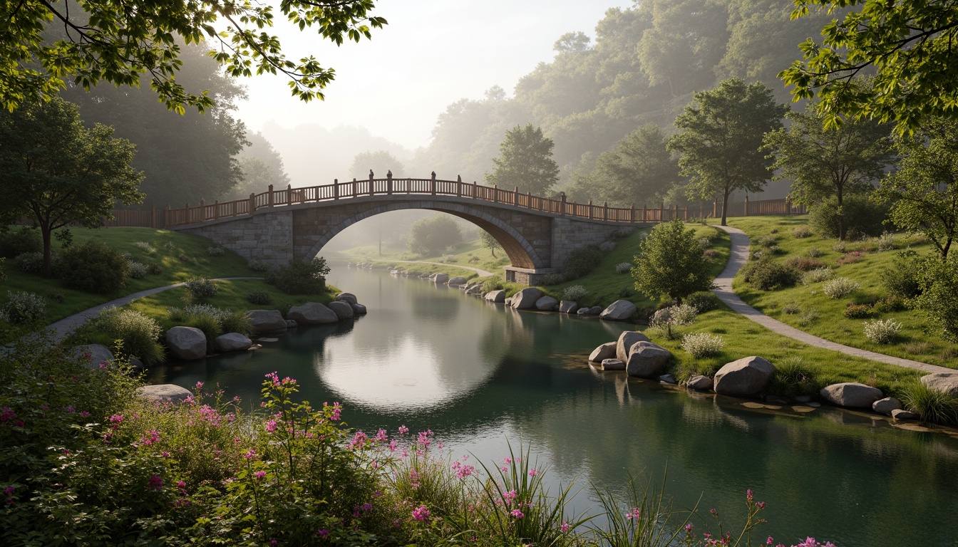 Prompt: Curved bridge silhouette, natural stone foundations, lush green vegetation, serene water reflections, rustic wooden railings, meandering riverside pathways, scenic overlooks, vibrant wildflowers, misty morning atmosphere, soft warm lighting, 3/4 composition, shallow depth of field, realistic textures, ambient occlusion.