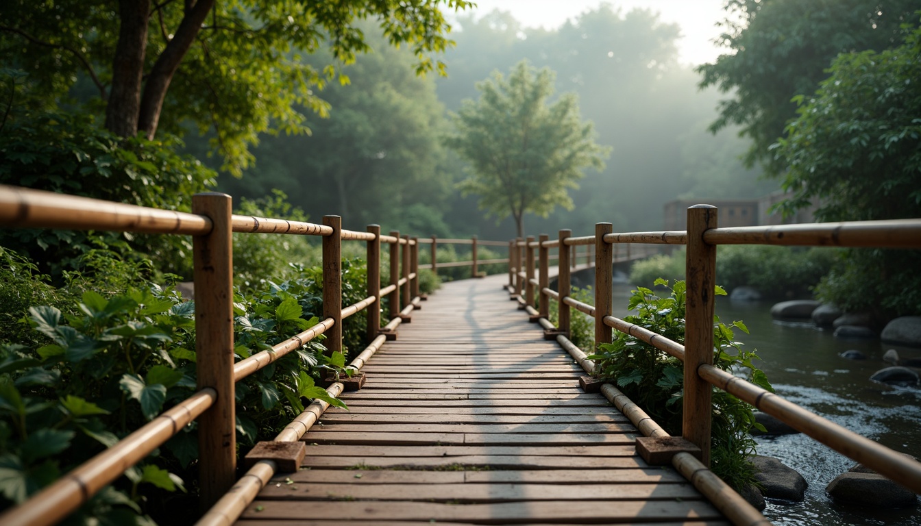 Prompt: Rustic wooden bridge, natural stone piers, woven bamboo railings, lush greenery surroundings, serene water flow, misty atmosphere, warm soft lighting, shallow depth of field, 3/4 composition, panoramic view, realistic textures, ambient occlusion.