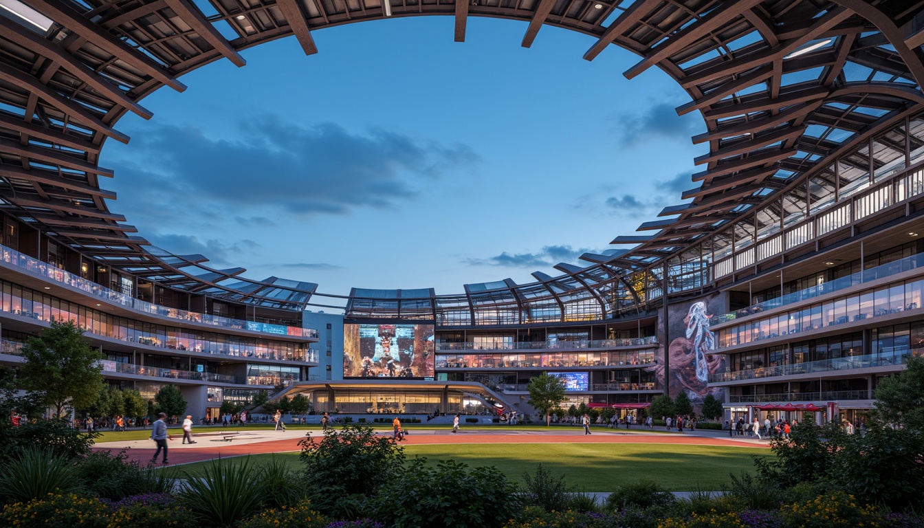 Prompt: Sleek stadium, fusion architecture style, curved lines, dynamic shapes, cantilevered roofs, futuristic materials, metallic fa\u00e7ades, transparent glass walls, LED lighting systems, vibrant color schemes, modern grandstands, tiered seating, open-air concourses, sports facilities, athletic tracks, lush greenery, natural stone walls, abstract sculptures, dramatic spotlights, high-contrast shadows, 1/2 composition, cinematic atmosphere, realistic textures, ambient occlusion.