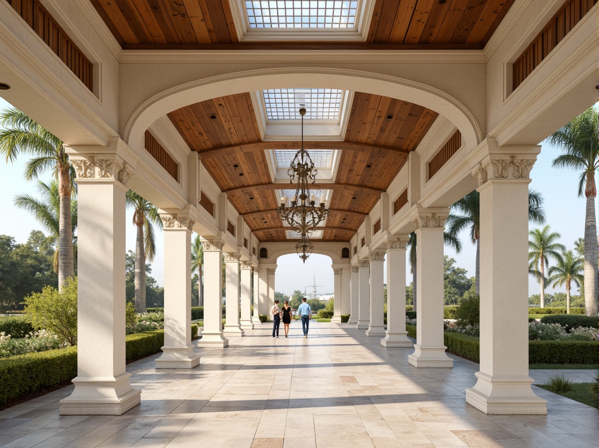 Prompt: Grandiose pavilion, classical Corinthian columns, ornate carved details, sweeping archways, ventilated roof lanterns, natural stone flooring, elegant chandeliers, refined wooden accents, subtle cream color palette, soft diffused lighting, shallow depth of field, 1/2 composition, symmetrical framing, realistic textures, ambient occlusion, fresh airy atmosphere, gentle breeze whispers, surrounding lush greenery, serene landscape views.