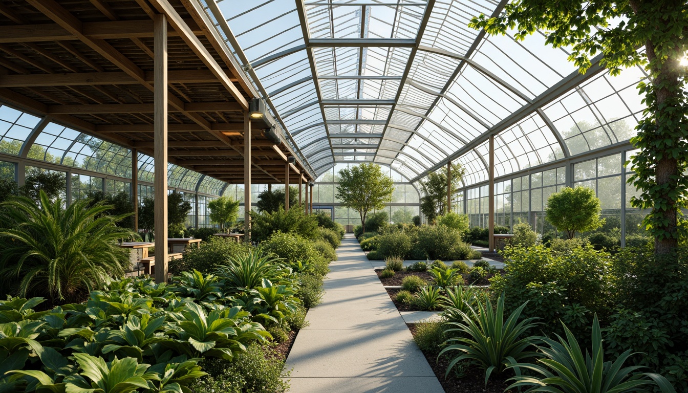 Prompt: Glass-roofed greenhouse, lush tropical plants, natural ventilation systems, steel beam structures, wooden lattice frameworks, curved lines, minimalist design, abundant natural light, warm humid climate, misting irrigation systems, automatic temperature control, retractable roof vents, clerestory windows, vertical farming installations, hydroponic systems, organic gardens, bamboo accents, reclaimed wood textures, earthy color palette, soft diffused lighting, 1/1 composition, shallow depth of field.