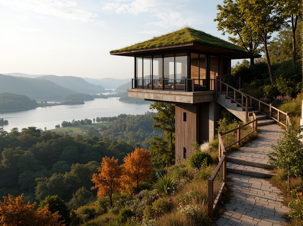 Prompt: Panoramic viewing tower, harmonious landscape integration, rolling hills, lush green forests, serene lakeside, winding stone paths, rustic wooden railings, natural blending architecture, earthy tones, moss-covered roofs, overhanging eaves, floor-to-ceiling windows, panoramic views, soft warm lighting, shallow depth of field, 3/4 composition, realistic textures, ambient occlusion, misty morning atmosphere, vibrant autumn foliage.