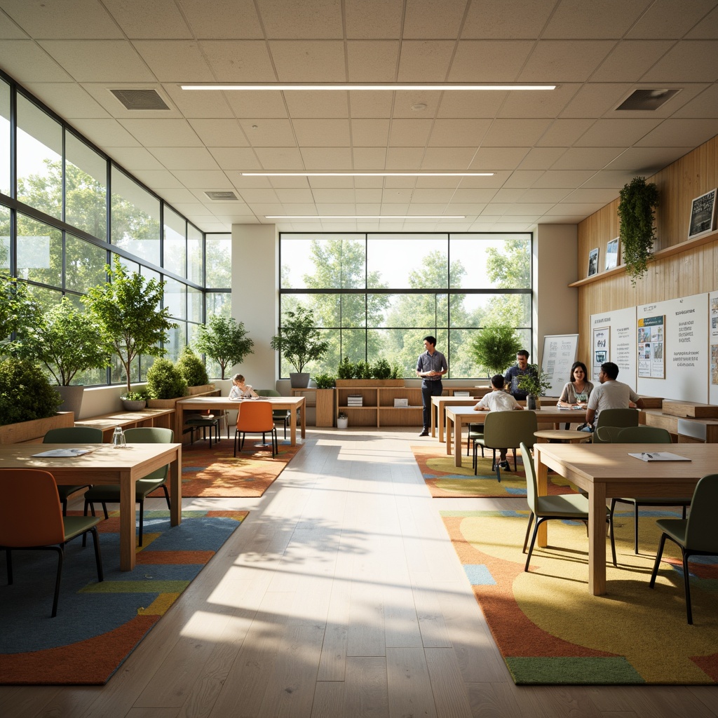 Prompt: Bright classrooms, natural light pouring in, large windows, minimal shading devices, open floor plans, collaborative learning spaces, wooden desks, ergonomic chairs, green walls, living plants, soft warm lighting, shallow depth of field, 1/1 composition, realistic textures, ambient occlusion, calm atmosphere, educational posters, interactive whiteboards, colorful rugs, modern minimalist decor.