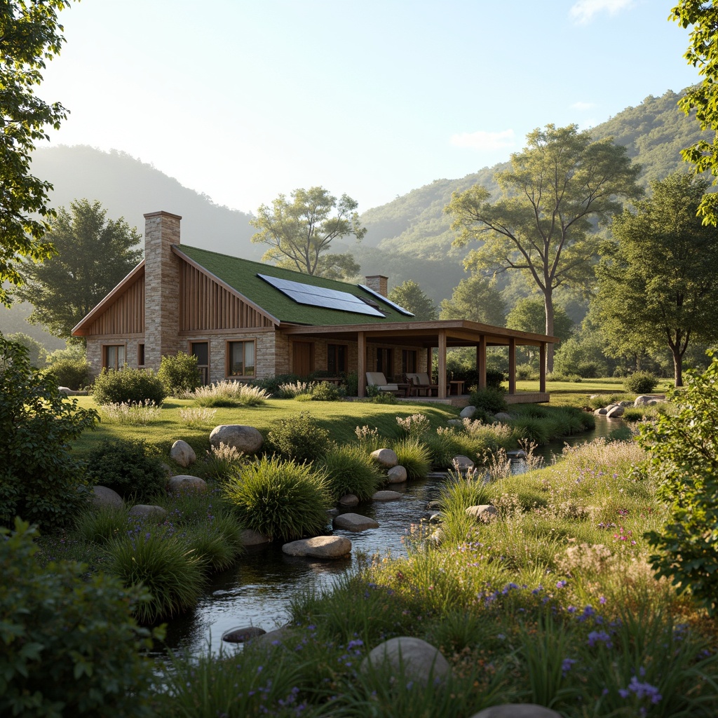 Prompt: Rustic rural cottage, earthy tones, natural materials, wooden accents, green roofs, solar panels, rainwater harvesting systems, organic gardens, wildflower meadows, babbling brooks, misty mornings, soft warm lighting, shallow depth of field, 1/2 composition, panoramic view, realistic textures, ambient occlusion, eco-friendly infrastructure, sustainable building practices, minimal carbon footprint, harmony with nature.