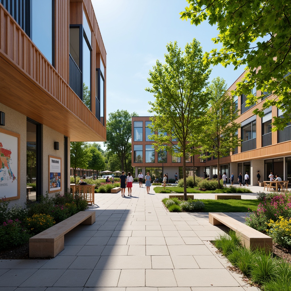 Prompt: Vibrant community center, open courtyard, lush greenery, colorful flowers, modern furniture, sleek benches, educational signs, natural stone walkways, wooden accents, large windows, glass doors, abundant daylight, warm soft lighting, shallow depth of field, 3/4 composition, panoramic view, realistic textures, ambient occlusion.