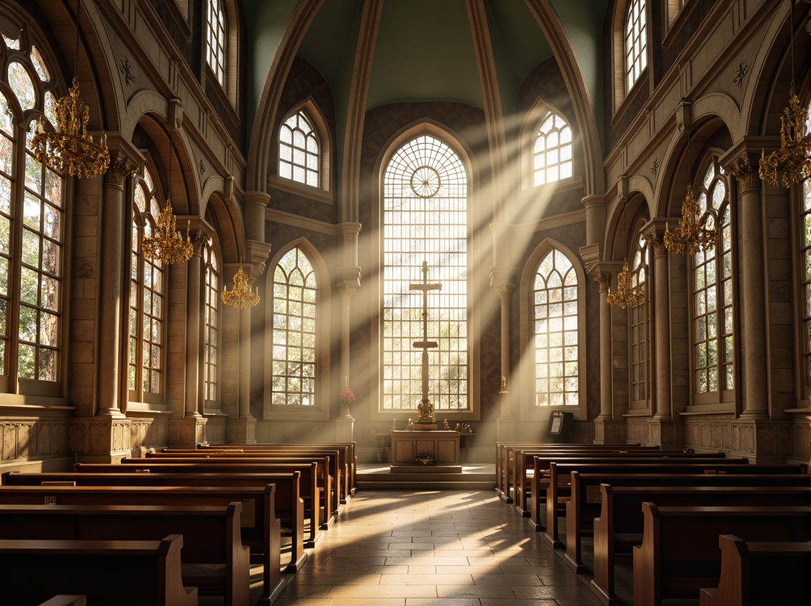 Prompt: Ethereal religious sanctuary, stained glass windows, soft warm luminescence, subtle shadows, ornate chandeliers, golden accents, intricately carved stone walls, vaulted ceilings, clerestory windows, natural light pouring in, dramatic beam of light, heavenly ambiance, peaceful atmosphere, subtle color palette, ambient occlusion, realistic textures, 1/1 composition, shallow depth of field, soft focus.