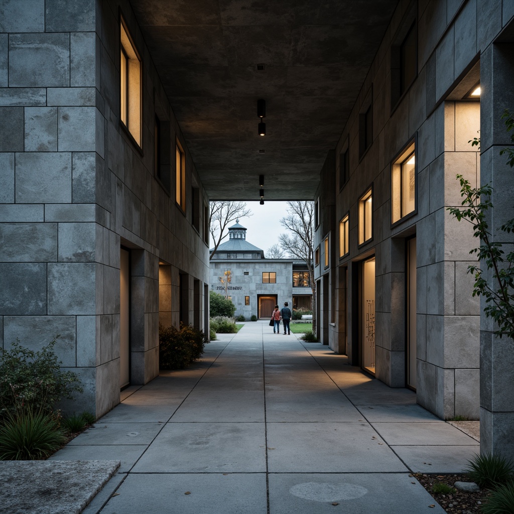 Prompt: Fortified concrete buildings, rugged stone walls, brutalist fa\u00e7ades, industrial materials, raw textures, geometric forms, functional simplicity, minimalist aesthetics, bold structural elements, exposed ductwork, industrial lighting fixtures, urban cityscapes, moody atmospheric lighting, dramatic shadows, 1/1 composition, symmetrical framing, harsh contrast, realistic rendering, ambient occlusion.