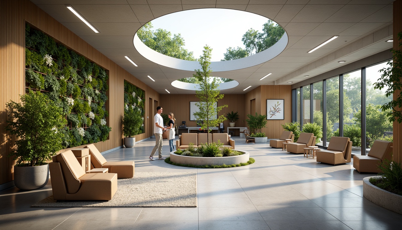 Prompt: Modern healthcare center, calming atmosphere, natural materials, reclaimed wood accents, living green walls, abundant daylight, energy-efficient systems, solar panels, rainwater harvesting, organic gardens, serene water features, minimalist decor, comfortable seating areas, acoustic ceilings, anti-microbial coatings, state-of-the-art medical equipment, futuristic lighting designs, circular layout, 1/2 composition, warm color palette, soft diffused lighting, shallow depth of field.