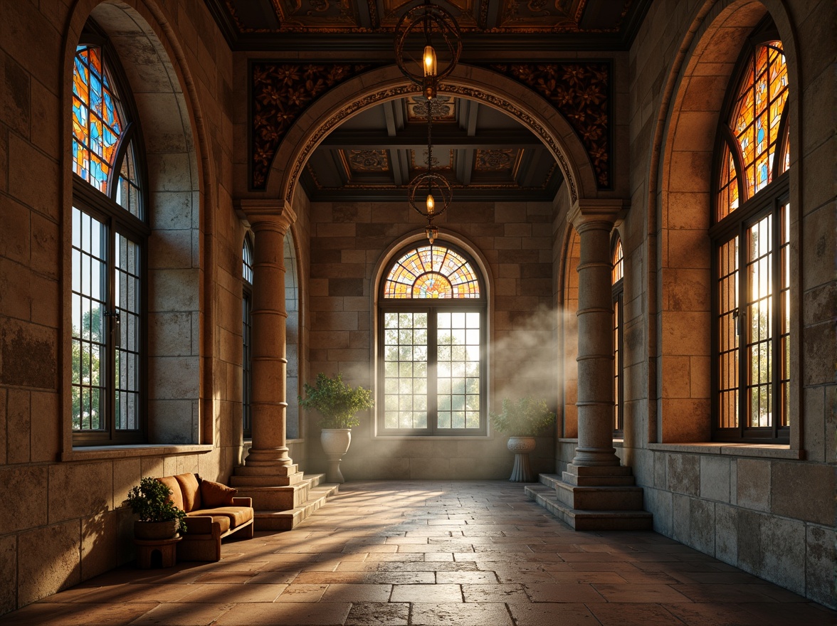 Prompt: Rustic stone walls, ornate carvings, grand archways, vaulted ceilings, stained glass windows, intricate mosaics, weathered copper accents, earthy color palette, natural stone flooring, ornamental columns, dramatic lighting, atmospheric fog, shallow depth of field, 1/1 composition, symmetrical framing, warm golden hour, soft diffused light.