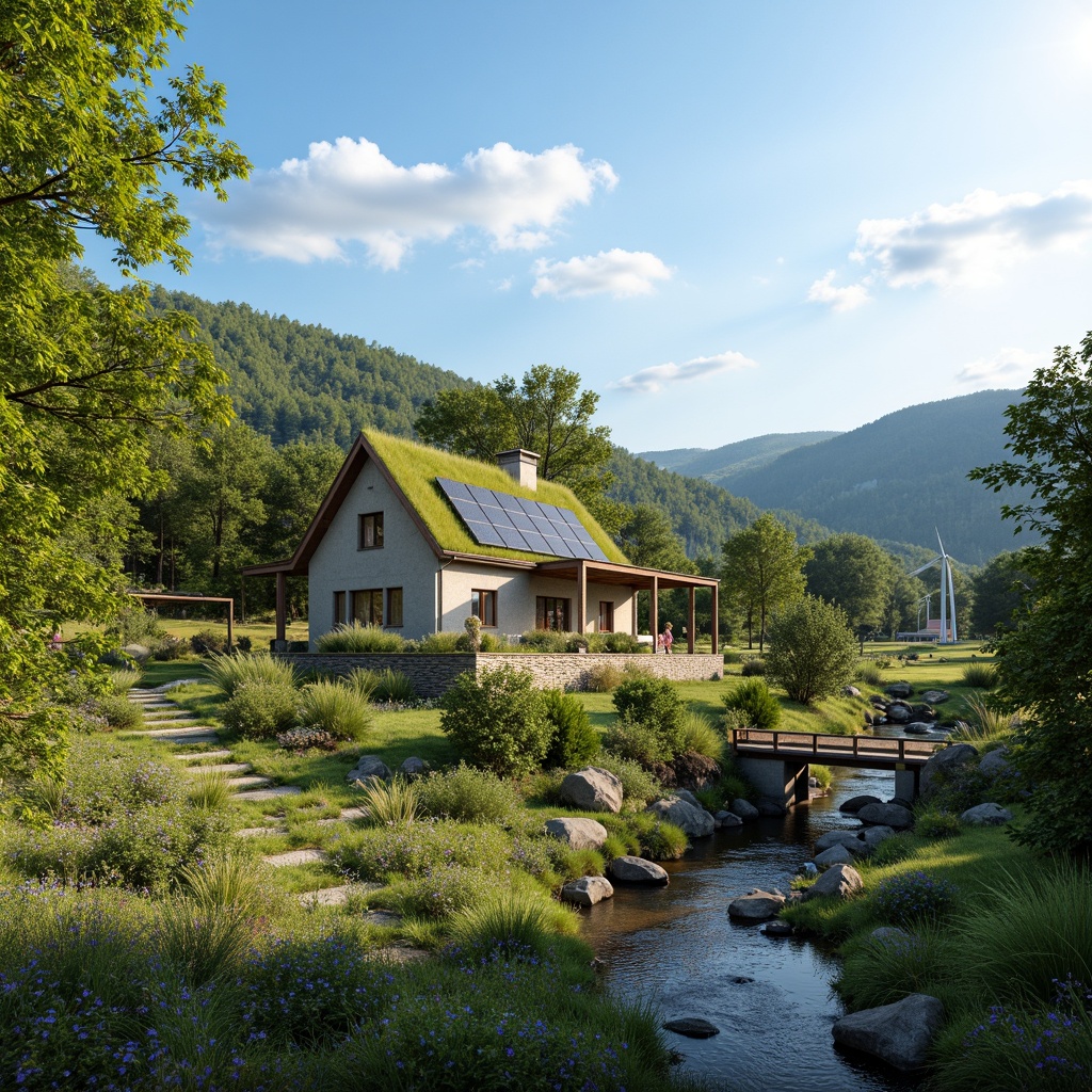 Prompt: Rustic rural cottage, natural stone walls, green roofs, solar panels, wind turbines, eco-friendly materials, sustainable energy solutions, water conservation systems, organic gardens, wildflower meadows, babbling brooks, wooden bridges, country roads, rolling hills, blue skies, soft warm lighting, shallow depth of field, 3/4 composition, panoramic view, realistic textures, ambient occlusion.