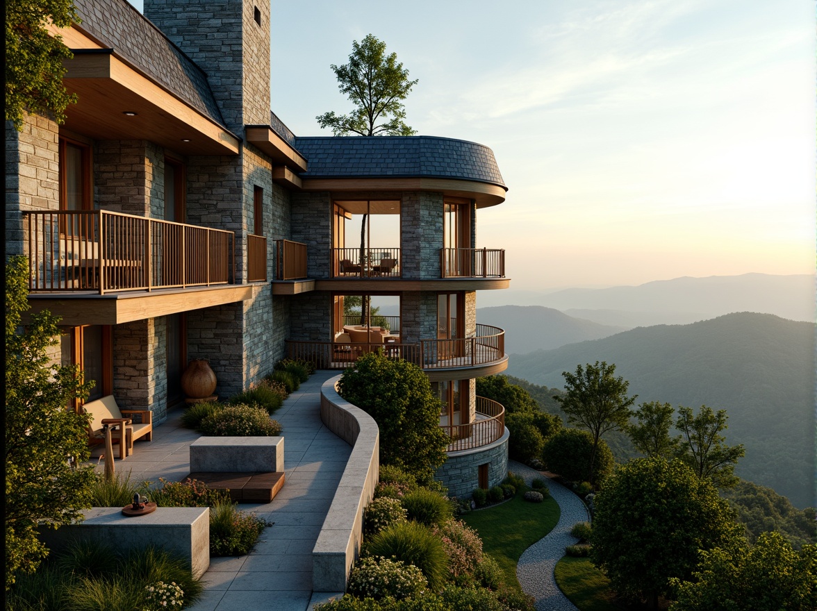 Prompt: Panoramic watchtower, rustic stone walls, wooden accents, lush greenery, winding staircases, observation decks, telescopes, binoculars, scenic vistas, rolling hills, misty mornings, soft warm lighting, shallow depth of field, 3/4 composition, natural textures, ambient occlusion, blending with surroundings, organic forms, curvilinear lines, earthy tones, harmonious integration, seamless transitions, functional minimalism.