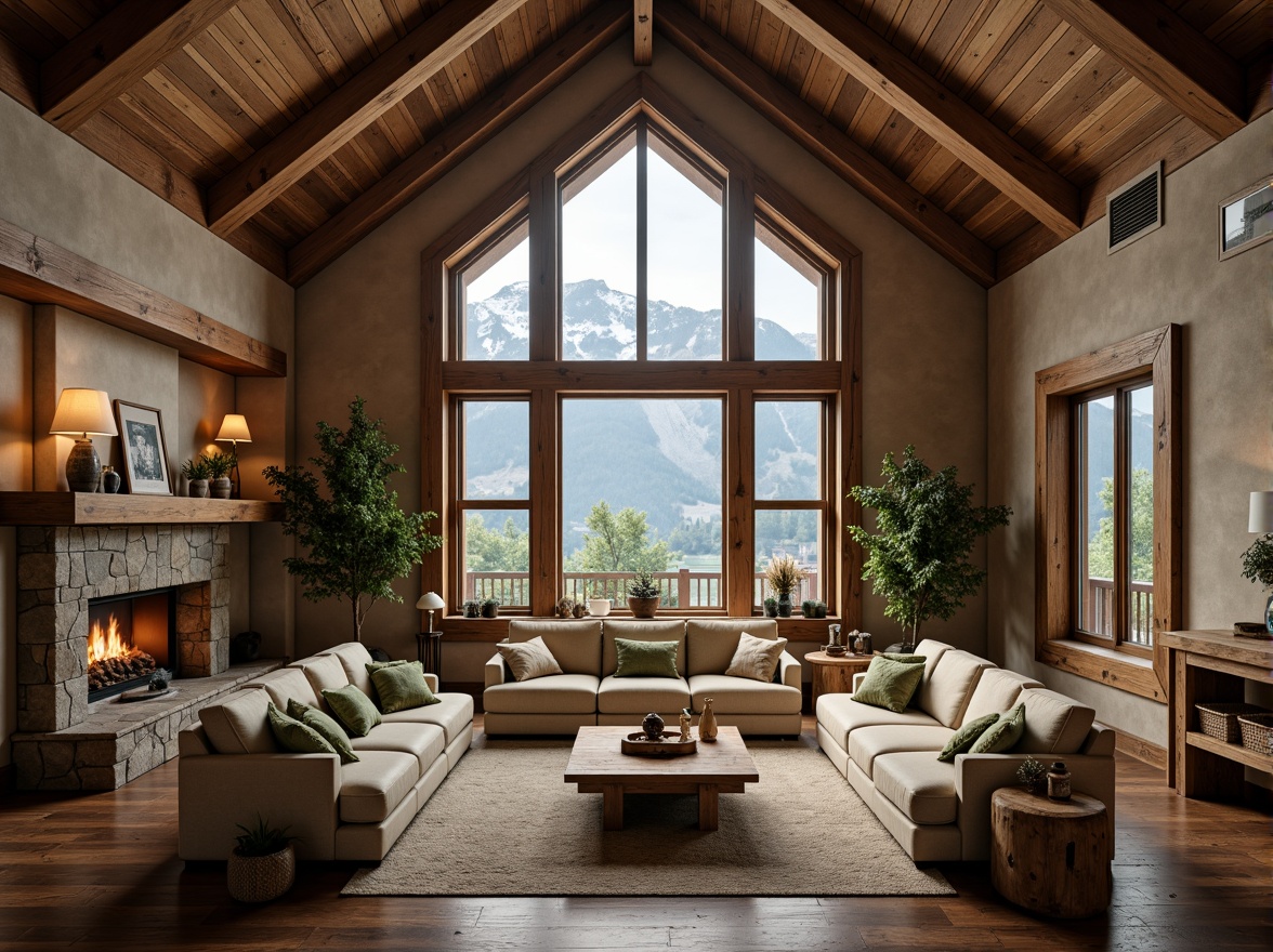 Prompt: Rustic mountain lodge, earthy tone walls, wooden accents, cozy fireplaces, warm beige furniture, soft sage green fabrics, natural stone flooring, pine wood paneling, snow-capped peaks, misty morning atmosphere, soft golden lighting, shallow depth of field, 3/4 composition, panoramic view, realistic textures, ambient occlusion.