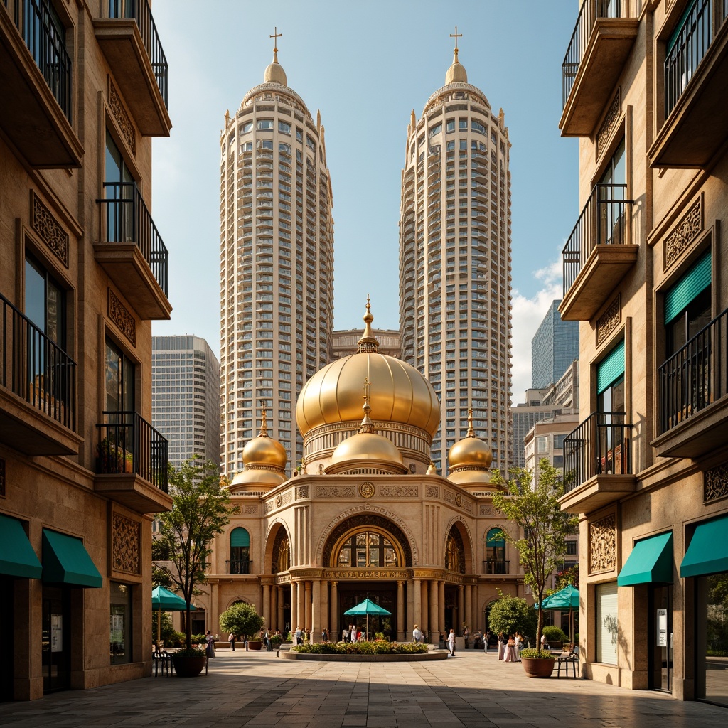 Prompt: Golden domes, ornate mosaics, intricate stone carvings, grand archways, lavish balconies, richly ornamented facades, towering skyscrapers, Byzantine-inspired architecture, ornamental columns, vibrant turquoise accents, warm golden lighting, shallow depth of field, 1/1 composition, realistic textures, ambient occlusion.