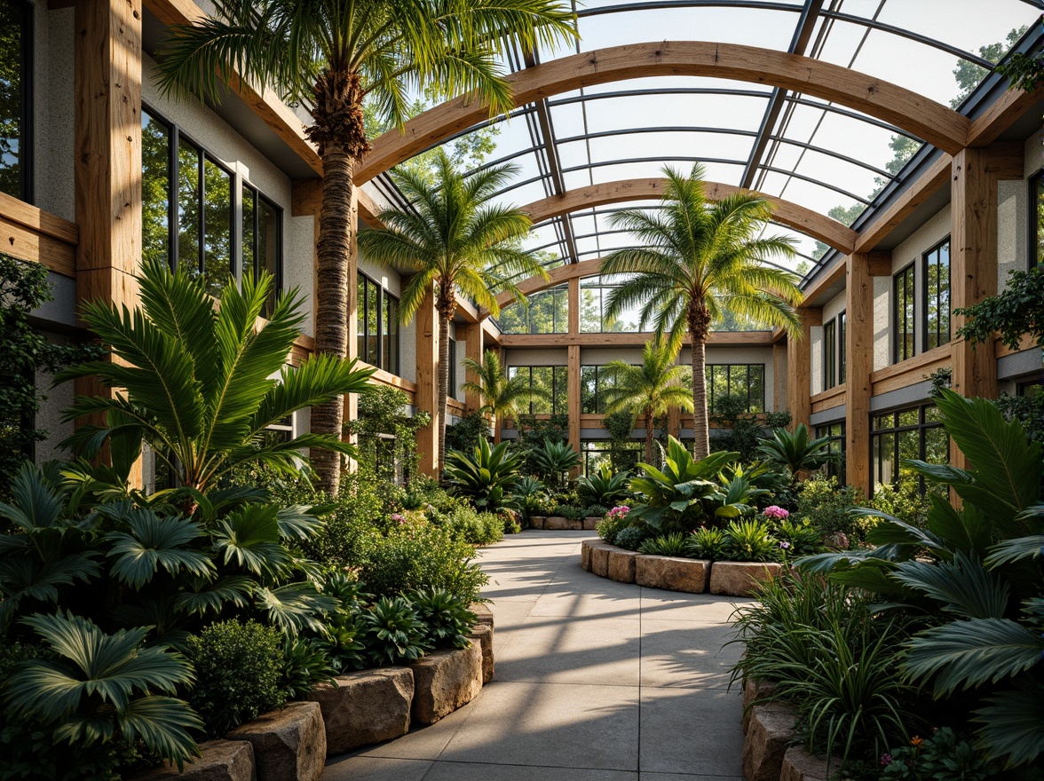 Prompt: Serene greenhouse interior, lush tropical plants, natural stone walls, wooden trellises, rustic metal frames, misting systems, warm soft lighting, shallow depth of field, 3/4 composition, panoramic view, realistic textures, ambient occlusion, harmonious landscape integration, organic curves, biophilic design, sustainable materials, energy-efficient systems, solar panels, green roofs, living walls, urban agriculture, vertical farming, natural ventilation, rainwater harvesting, peaceful ambiance, warm earthy tones.