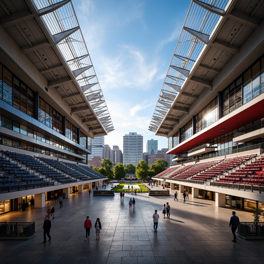 Prompt: Modern stadium architecture, fusion of sleek lines, dynamic curves, vibrant colors, premium materials, polished concrete floors, retractable roofs, advanced LED lighting systems, flexible seating arrangements, luxurious VIP lounges, state-of-the-art audiovisual equipment, futuristic scoreboards, spacious concourses, grand entrance gates, urban cityscape backdrop, warm sunny day, dramatic low-angle photography, high-contrast lighting, shallow depth of field, 2/3 composition, realistic textures, ambient occlusion.